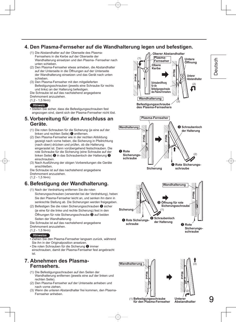 Befestigung der wandhalterung, Abnehmen des plasma- fernsehers, Vorbereitung für den anschluss an geräte | Deutsch | Panasonic TYWK42PV4W User Manual | Page 9 / 52