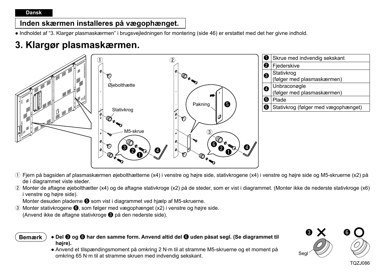 Klargør plasmaskærmen, Inden skærmen installeres på vægophænget | Panasonic TYWK103PV9 User Manual | Page 10 / 13