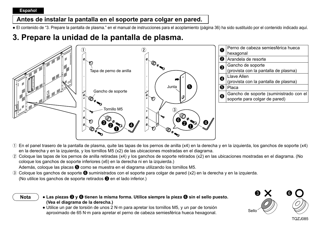 Prepare la unidad de la pantalla de plasma | Panasonic TYWK103PV9 User Manual | Page 8 / 13