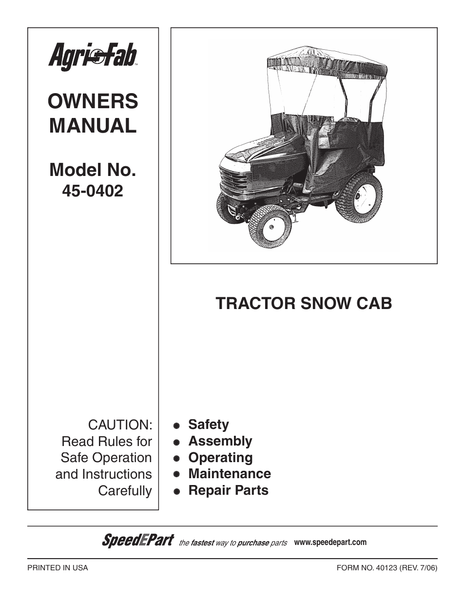 Owners manual, Model no, Tractor snow cab | Agri-Fab 45-0402 User Manual | Page 2 / 7