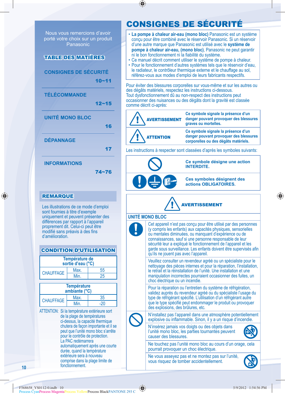 Consignes de sécurité | Panasonic WHMDF06D3E5 User Manual | Page 10 / 76