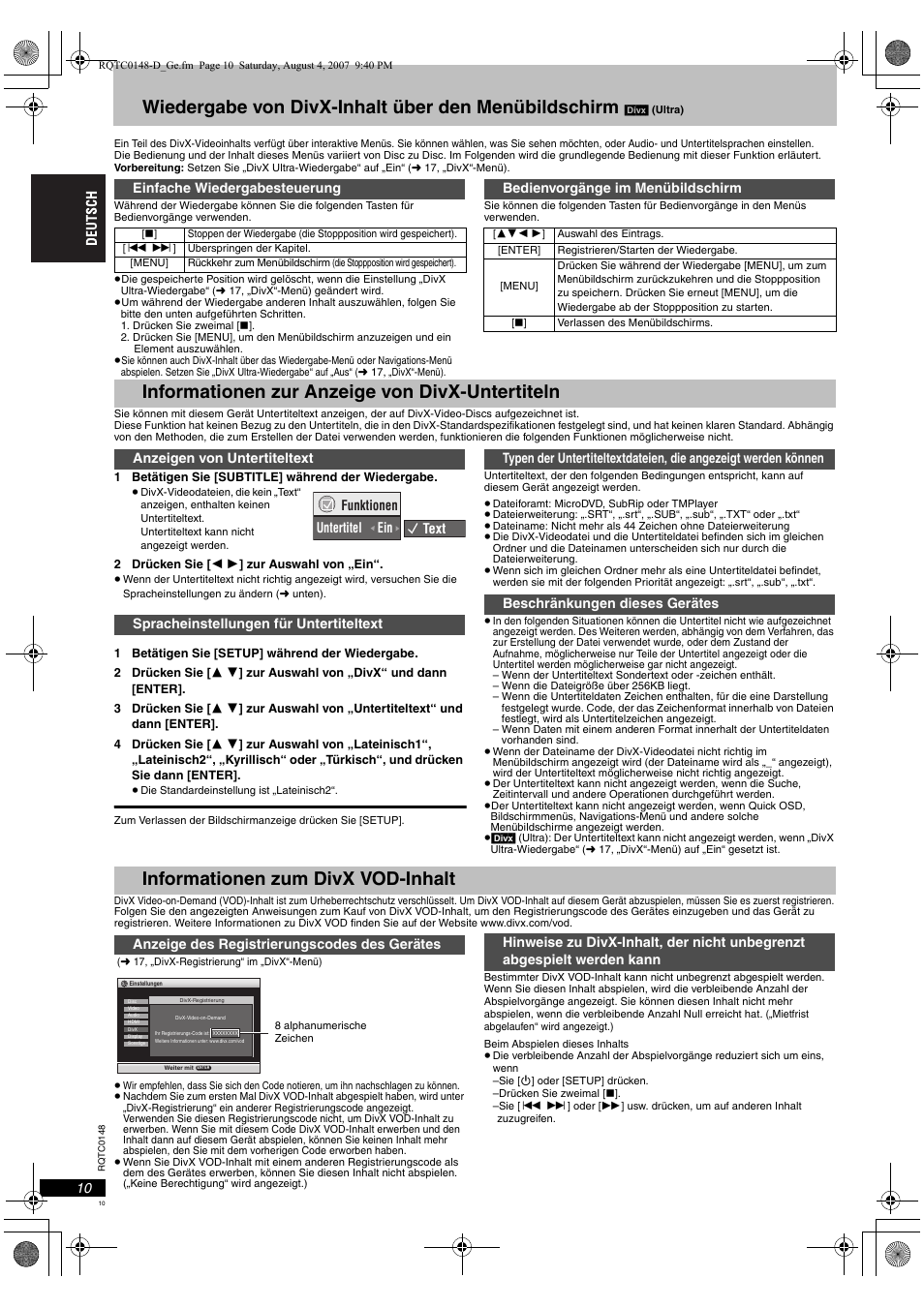 Wiedergabe von divx-inhalt über den menübildschirm, Informationen zur anzeige von divx-untertiteln, Informationen zum divx vod-inhalt | Panasonic DVDS100 User Manual | Page 10 / 128