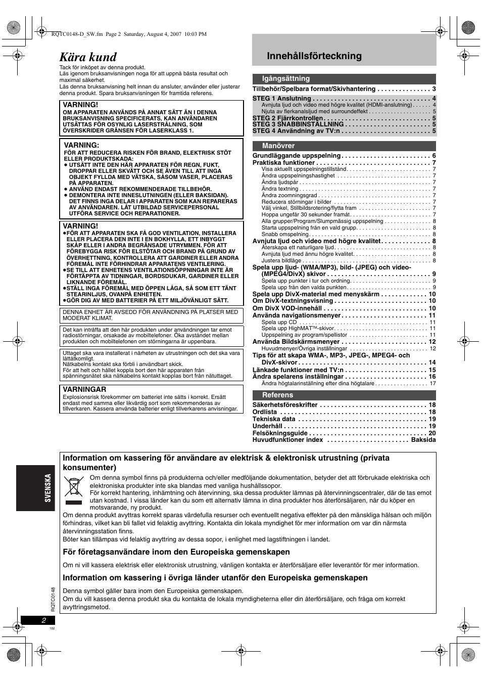 Kära kund, Innehållsförteckning | Panasonic DVDS100 User Manual | Page 102 / 128