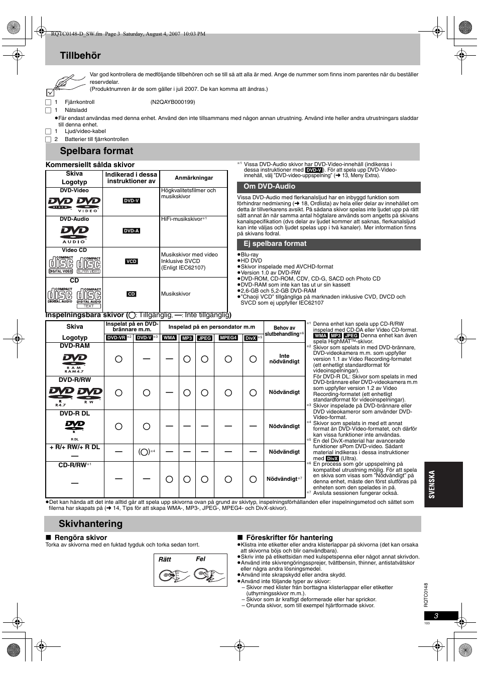 Tillbehör, Spelbara format, Skivhantering | Panasonic DVDS100 User Manual | Page 103 / 128