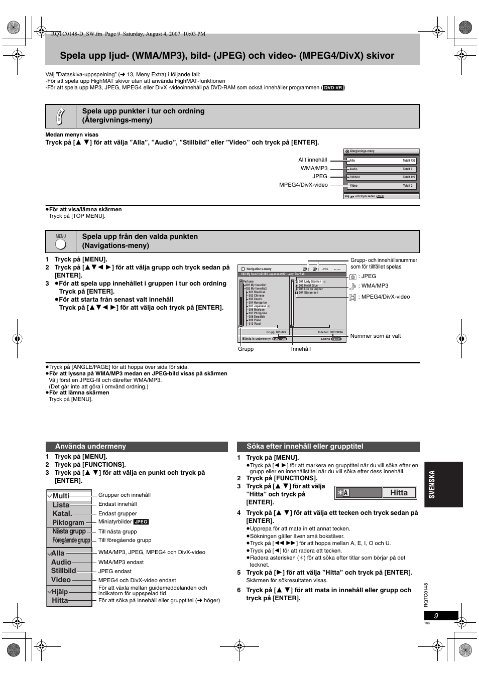 Hitta, Hjälp hitta, Söka efter innehåll eller grupptitel | Panasonic DVDS100 User Manual | Page 109 / 128