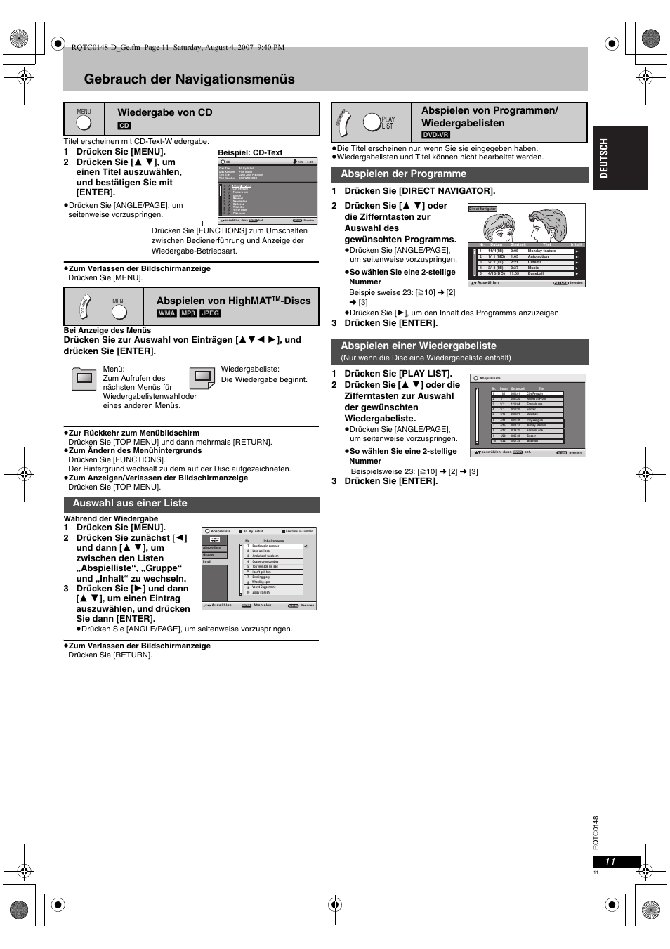 Gebrauch der navigationsmenüs, Wiedergabe von cd, Abspielen von highmat | Discs, Auswahl aus einer liste, Abspielen von programmen/ wiedergabelisten, 3 drücken sie [enter, Titel erscheinen mit cd-text-wiedergabe, Jpeg, Beispiel: cd-text | Panasonic DVDS100 User Manual | Page 11 / 128
