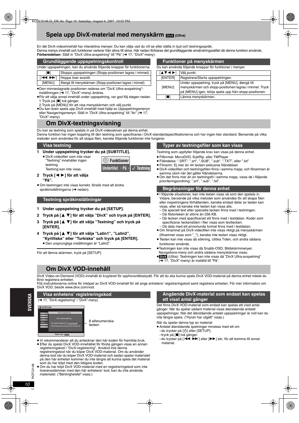 Spela upp divx-material med menyskärm, Om divx-textningsvisning, Om divx vod-innehåll | Panasonic DVDS100 User Manual | Page 110 / 128