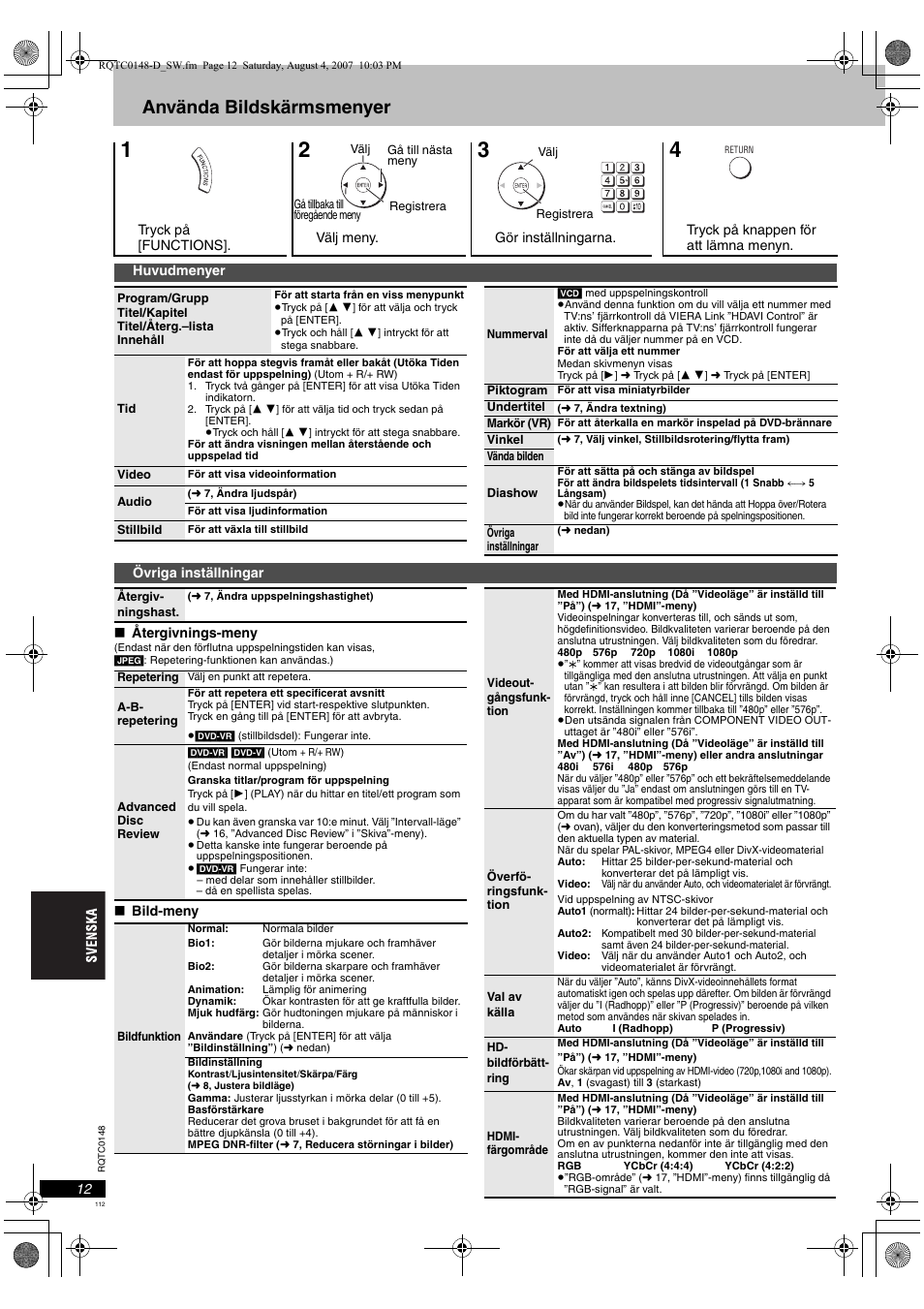 Använda bildskärmsmenyer | Panasonic DVDS100 User Manual | Page 112 / 128