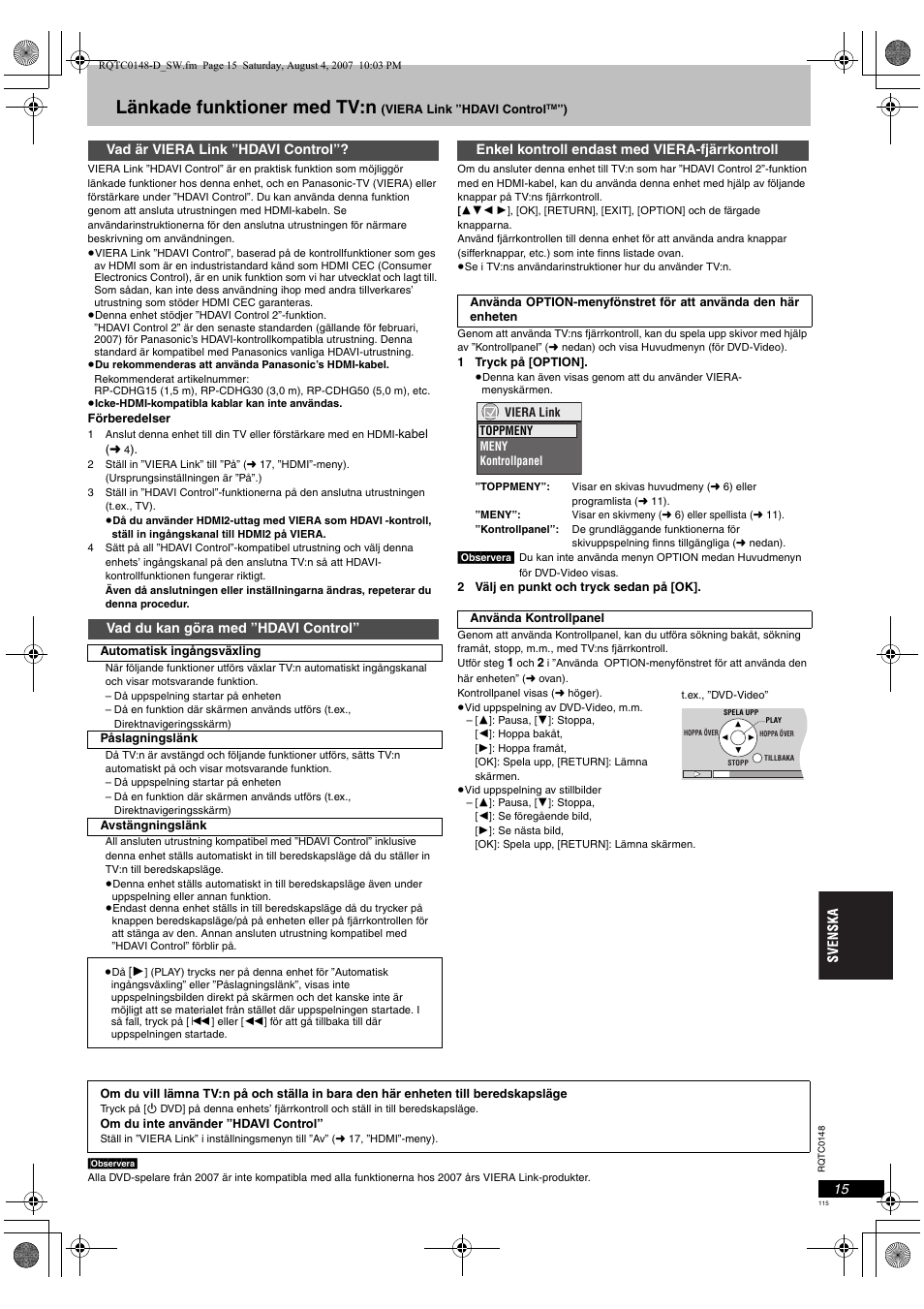 Länkade funktioner med tv:n | Panasonic DVDS100 User Manual | Page 115 / 128