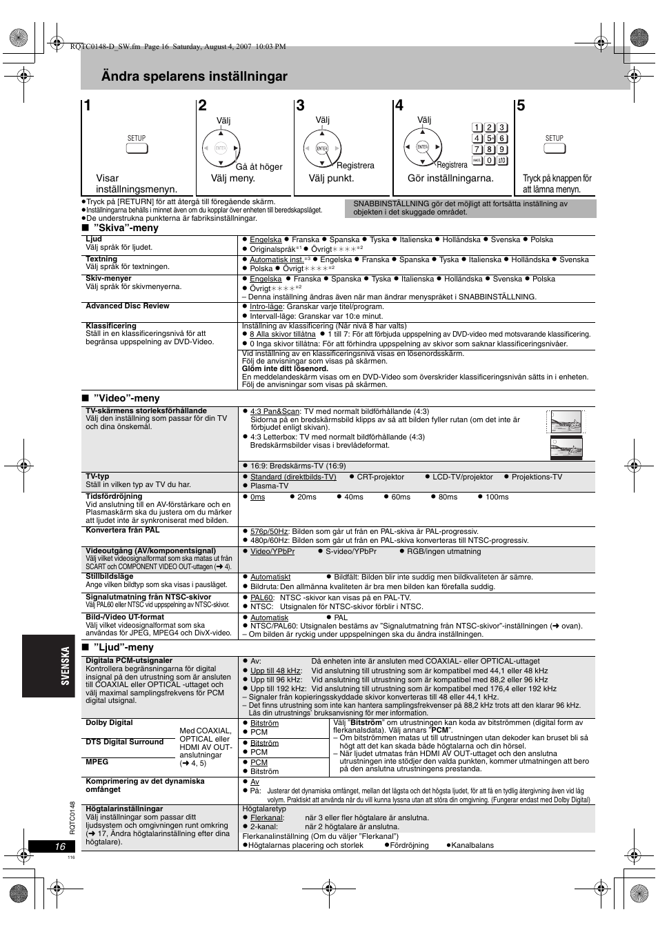 Ändra spelarens inställningar | Panasonic DVDS100 User Manual | Page 116 / 128