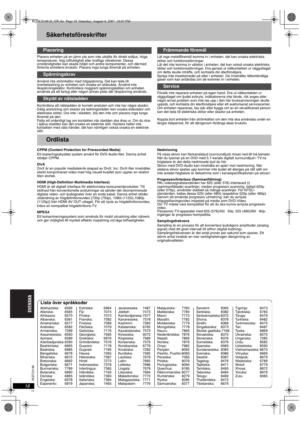 Säkerhetsföreskrifter, Ordlista | Panasonic DVDS100 User Manual | Page 118 / 128