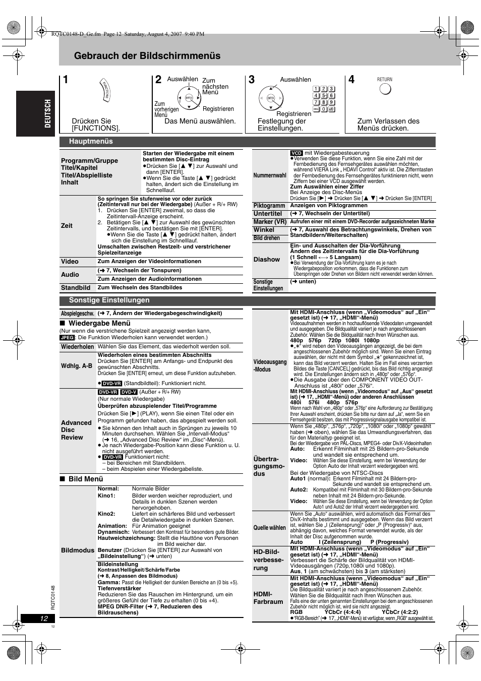 Gebrauch der bildschirmmenüs | Panasonic DVDS100 User Manual | Page 12 / 128