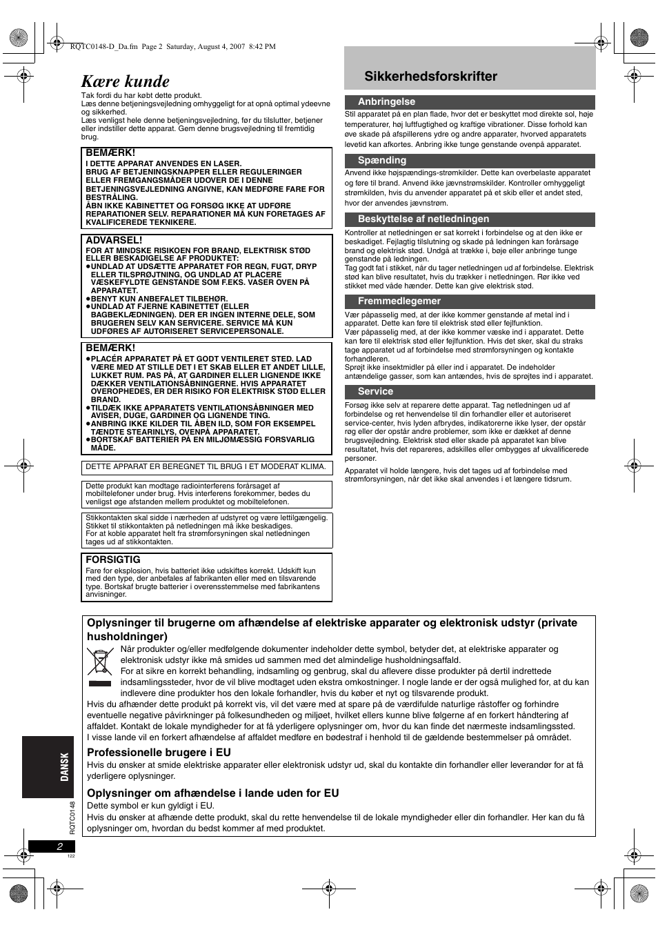 Kære kunde, Sikkerhedsforskrifter | Panasonic DVDS100 User Manual | Page 122 / 128