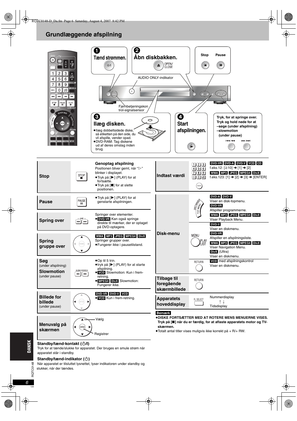Grundlæggende afspilning, Tænd strømmen, Åbn diskbakken | Ilæg disken, Start afspilningen | Panasonic DVDS100 User Manual | Page 126 / 128
