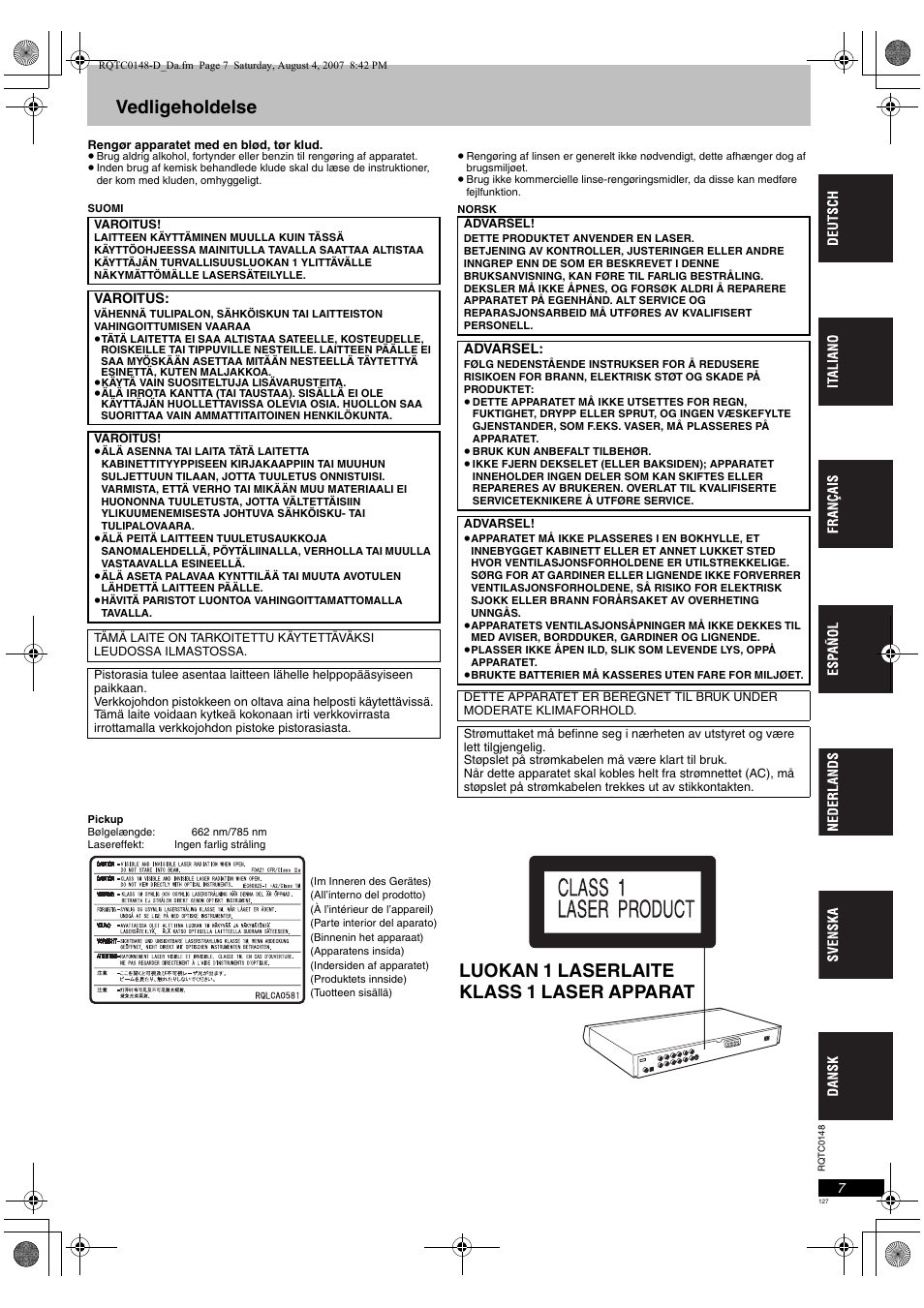 Vedligeholdelse, Luokan 1 laserlaite klass 1 laser apparat | Panasonic DVDS100 User Manual | Page 127 / 128