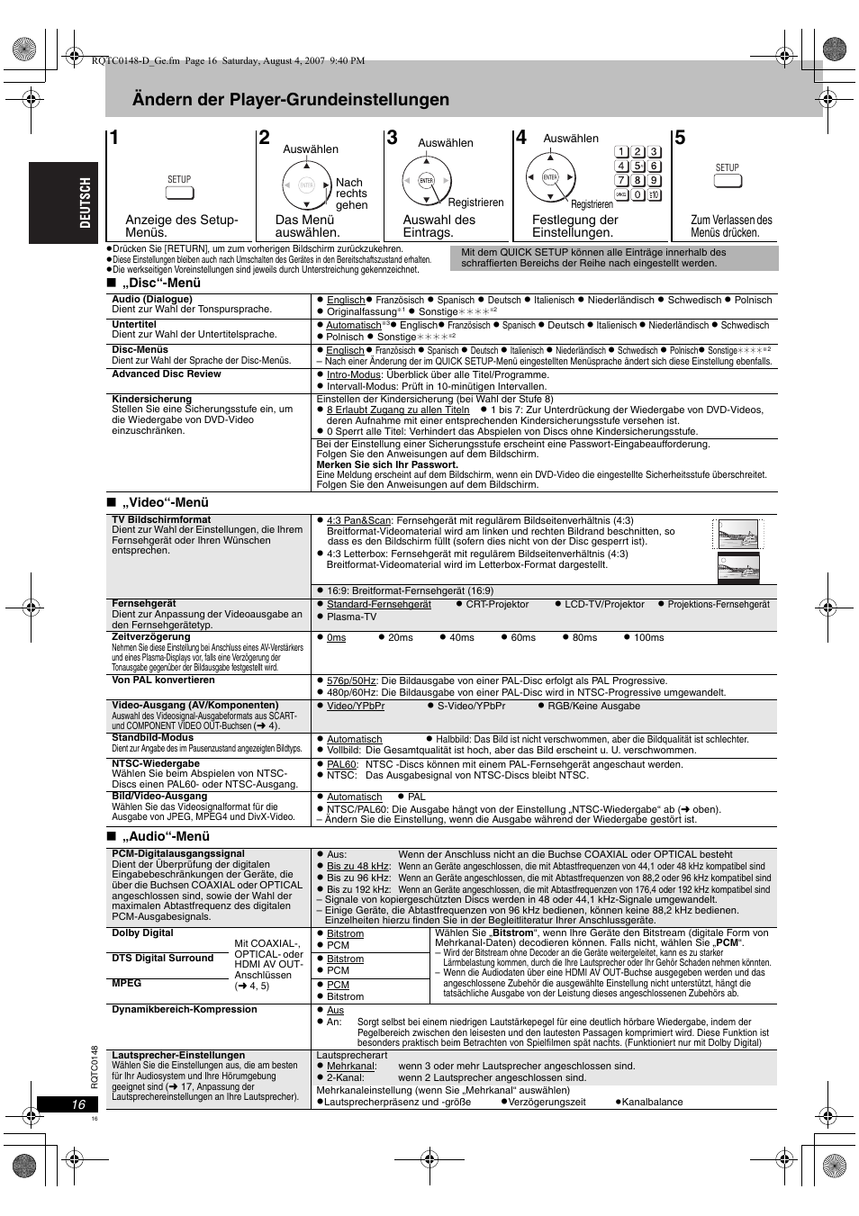 Ändern der player-grundeinstellungen | Panasonic DVDS100 User Manual | Page 16 / 128