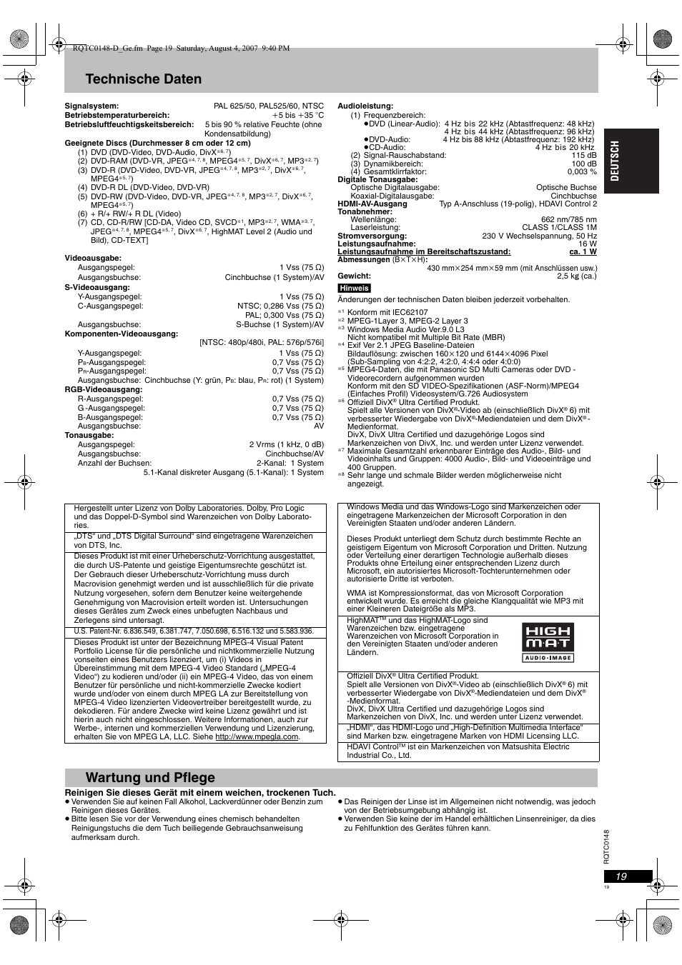 Technische daten, Wartung und pflege | Panasonic DVDS100 User Manual | Page 19 / 128