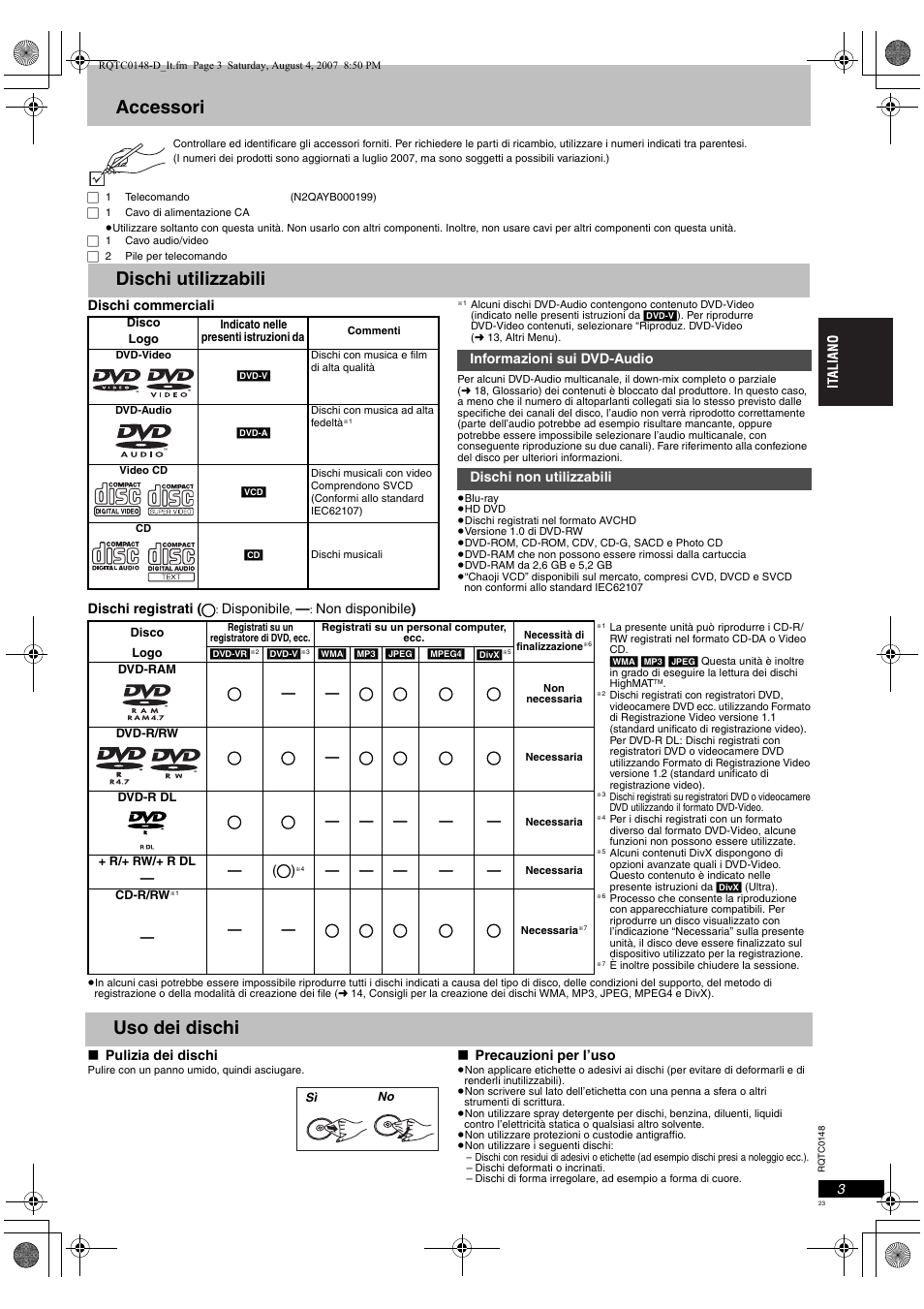Accessori, Dischi utilizzabili, Uso dei dischi | Panasonic DVDS100 User Manual | Page 23 / 128
