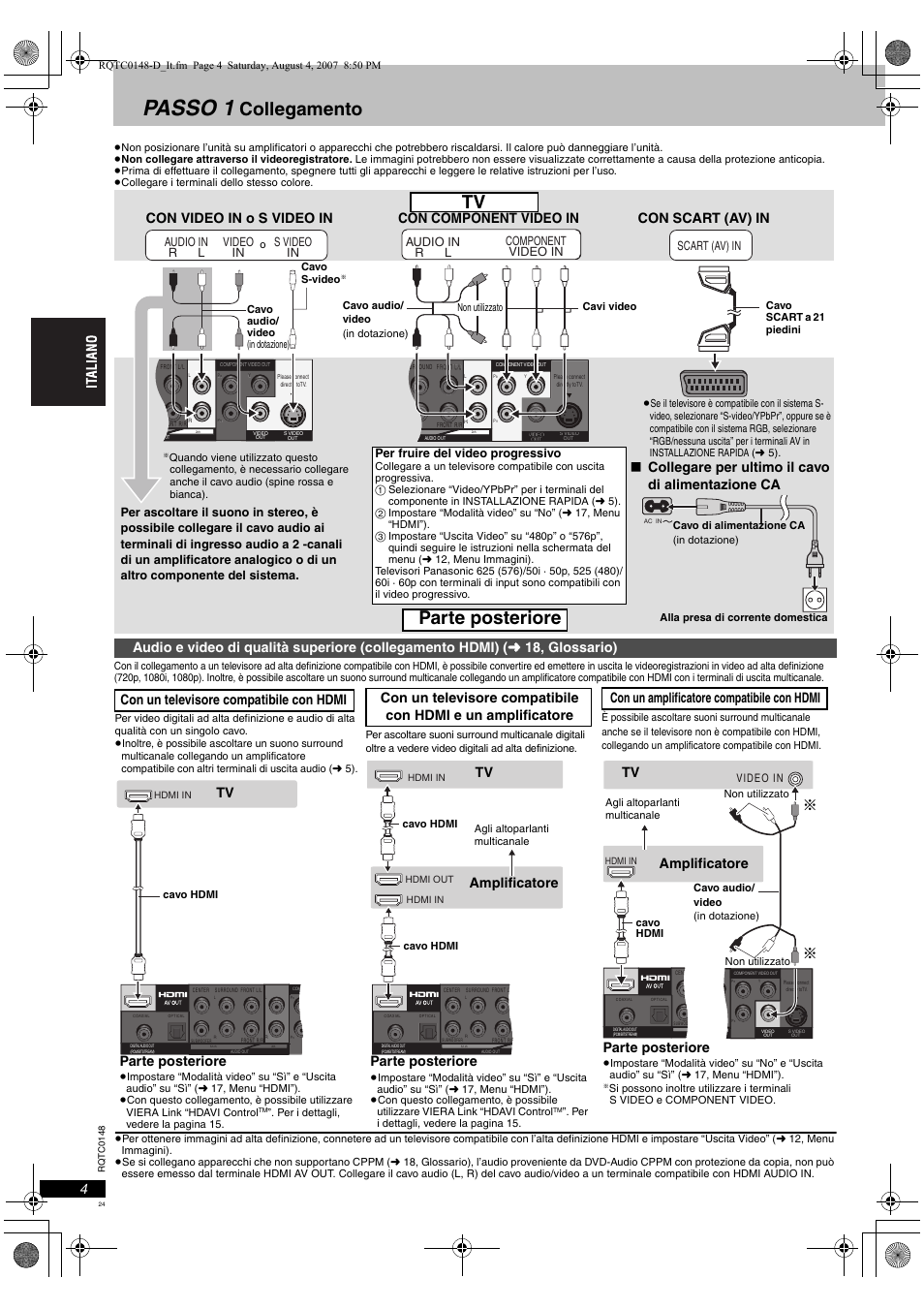 Passo 1, Collegamento, Parte posteriore | Collegare per ultimo il cavo di alimentazione ca, Tv parte posteriore, Amplificatore, Amplificatore parte posteriore, Con un televisore compatibile con hdmi, Per fruire del video progressivo | Panasonic DVDS100 User Manual | Page 24 / 128