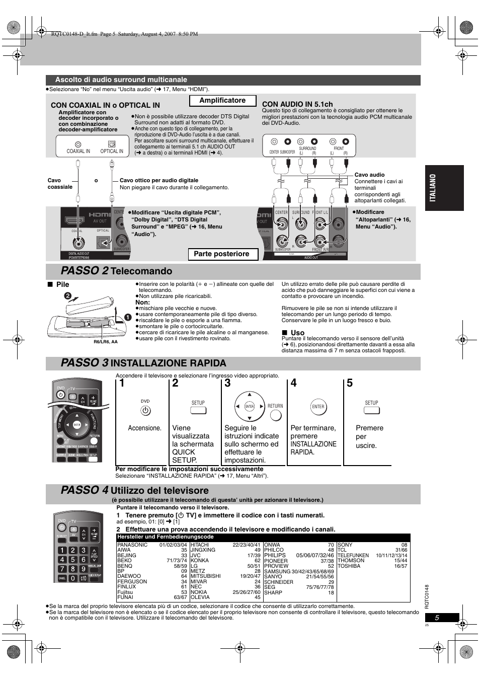 Passo 2, Passo 3, Passo 4 | Telecomando, Installazione rapida, Utilizzo del televisore | Panasonic DVDS100 User Manual | Page 25 / 128