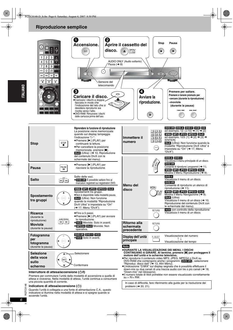 Riproduzione semplice, Accensione, Aprire il cassetto del disco | Caricare il disco, Avviare la riproduzione | Panasonic DVDS100 User Manual | Page 26 / 128