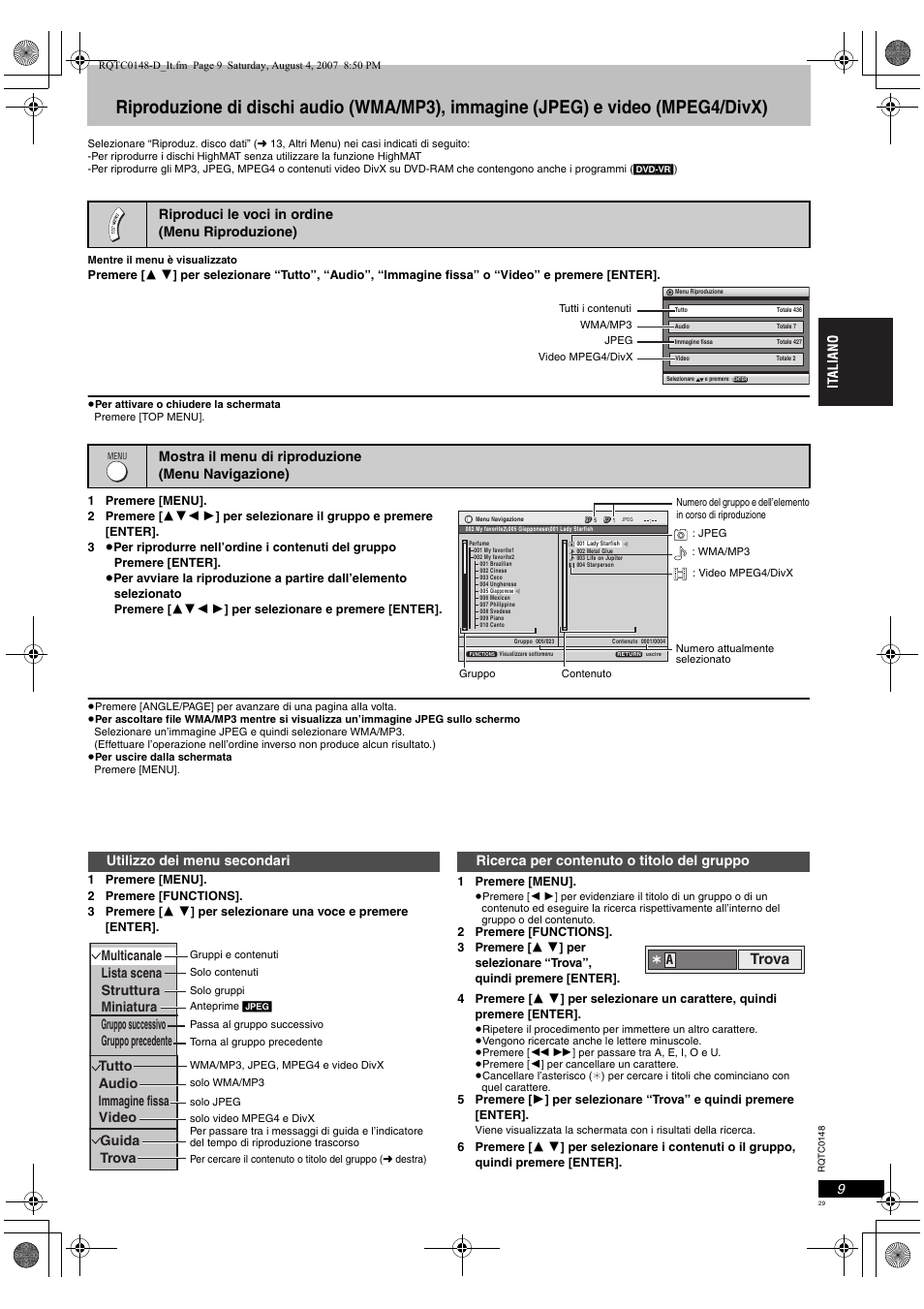 Trova, Guida trova, Ricerca per contenuto o titolo del gruppo | Panasonic DVDS100 User Manual | Page 29 / 128