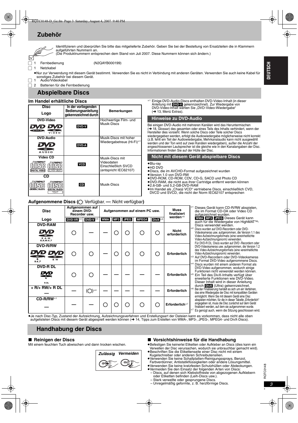 Zubehör, Abspielbare discs, Handhabung der discs | Panasonic DVDS100 User Manual | Page 3 / 128
