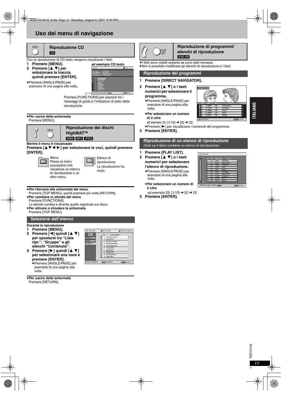 Uso dei menu di navigazione, Riproduzione cd, Riproduzione dei dischi highmat | Selezione dall’elenco, Riproduzione di programmi/ elenchi di riproduzione, 3 premere [enter, Jpeg, Ad esempio cd testo, Dvd-vr | Panasonic DVDS100 User Manual | Page 31 / 128