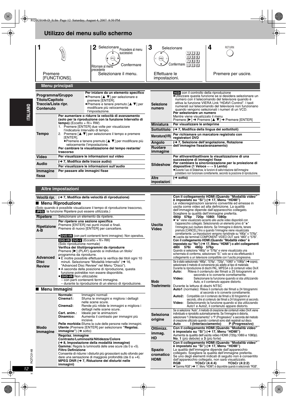 Utilizzo dei menu sullo schermo | Panasonic DVDS100 User Manual | Page 32 / 128