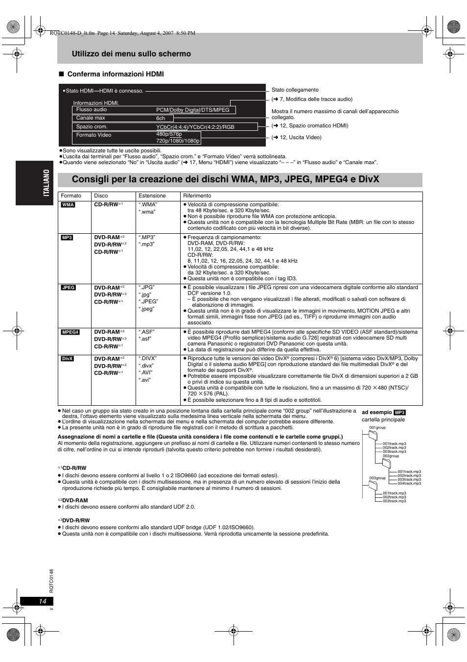 Utilizzo dei menu sullo schermo, Conferma informazioni hdmi | Panasonic DVDS100 User Manual | Page 34 / 128