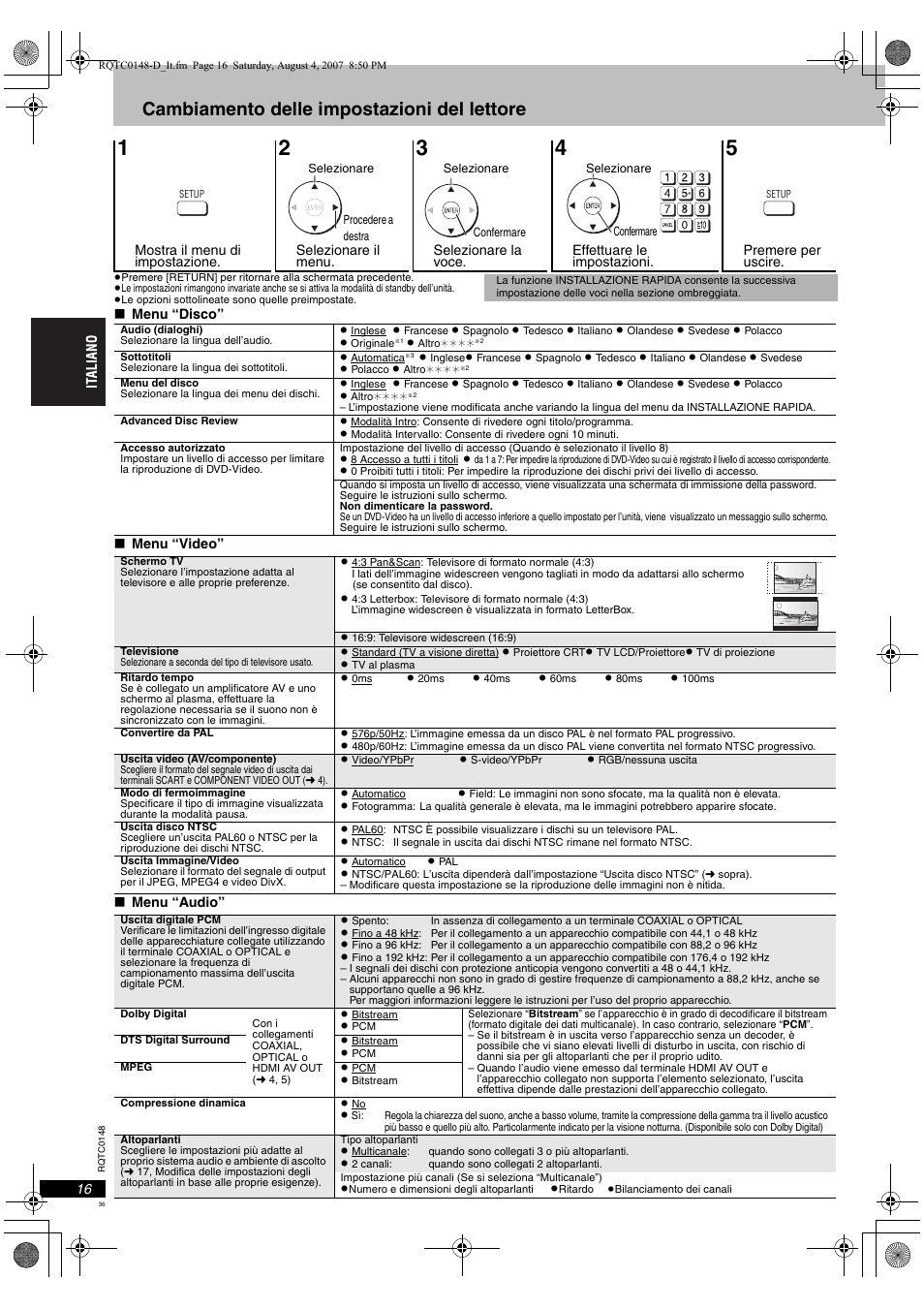 Cambiamento delle impostazioni del lettore | Panasonic DVDS100 User Manual | Page 36 / 128