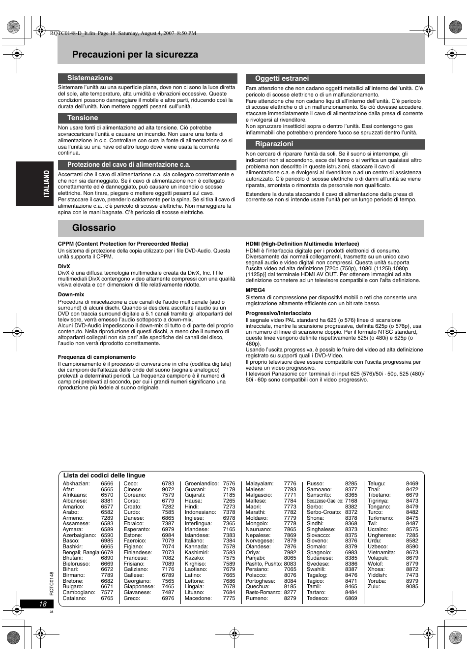 Precauzioni per la sicurezza, Glossario | Panasonic DVDS100 User Manual | Page 38 / 128