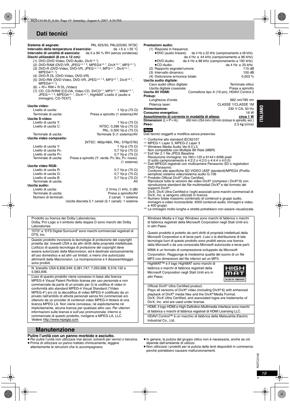 Dati tecnici, Manutenzione | Panasonic DVDS100 User Manual | Page 39 / 128