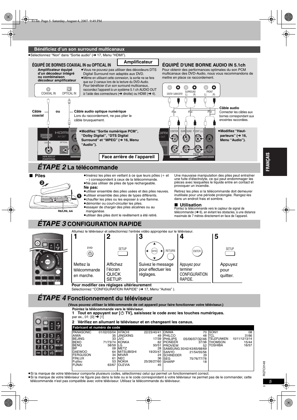 Étape 2, Étape 3, Étape 4 | La télécommande, Configuration rapide, Fonctionnement du téléviseur | Panasonic DVDS100 User Manual | Page 45 / 128