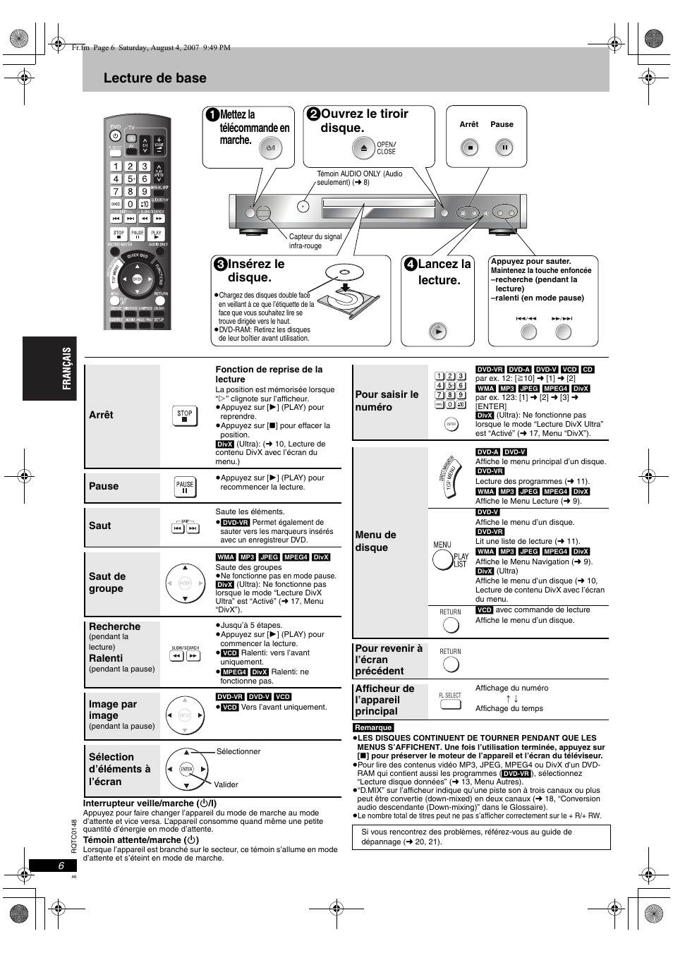 Lecture de base, Mettez la télécommande en marche, Ouvrez le tiroir disque | Insérez le disque, Lancez la lecture | Panasonic DVDS100 User Manual | Page 46 / 128