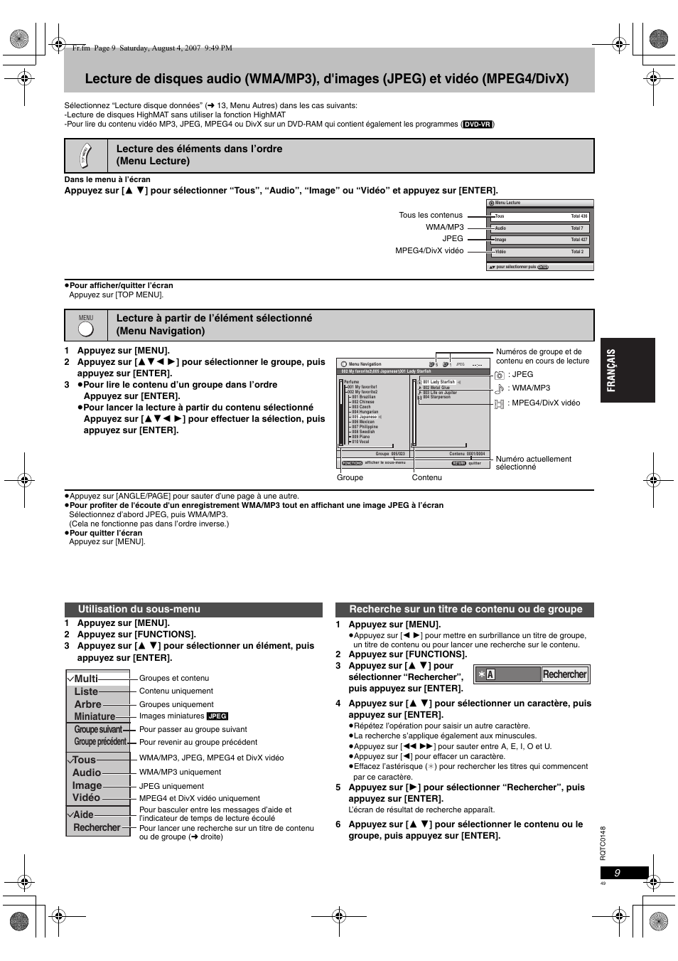 Rechercher, Recherche sur un titre de contenu ou de groupe | Panasonic DVDS100 User Manual | Page 49 / 128