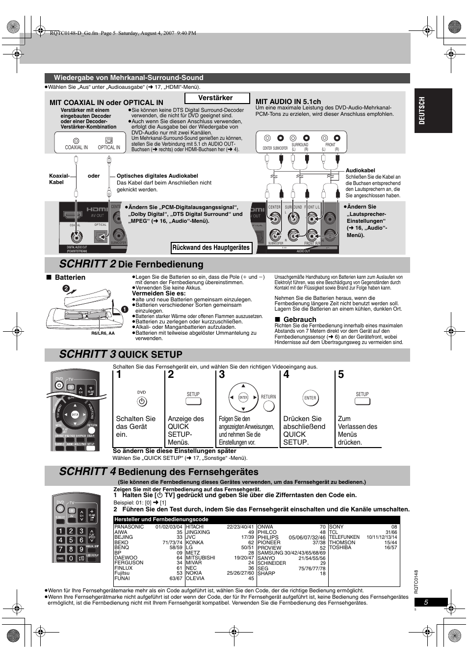 Schritt 2, Schritt 3, Schritt 4 | Die fernbedienung, Quick setup, Bedienung des fernsehgerätes | Panasonic DVDS100 User Manual | Page 5 / 128