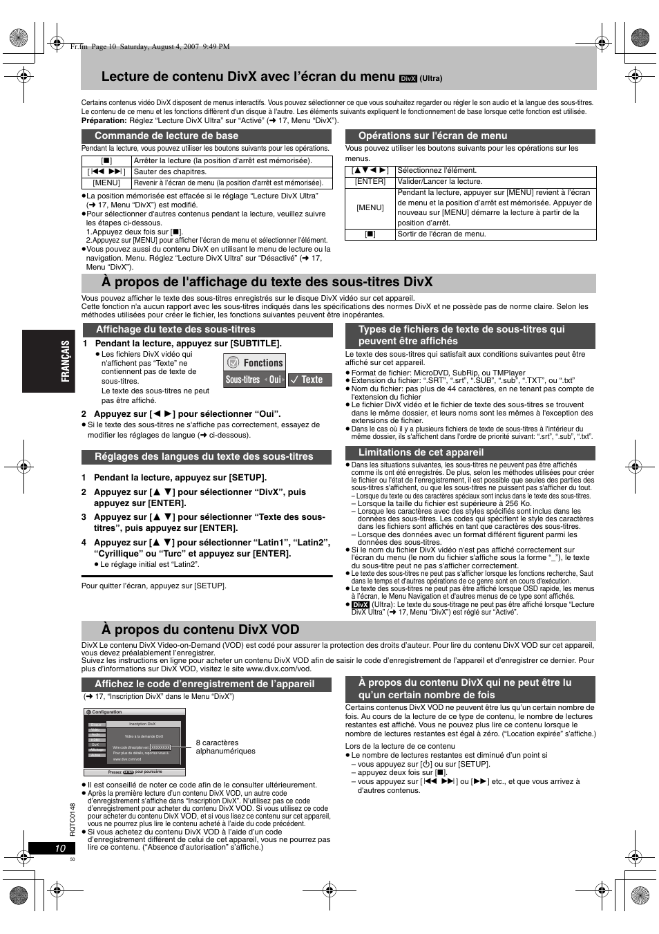 Lecture de contenu divx avec l’écran du menu, À propos du contenu divx vod | Panasonic DVDS100 User Manual | Page 50 / 128