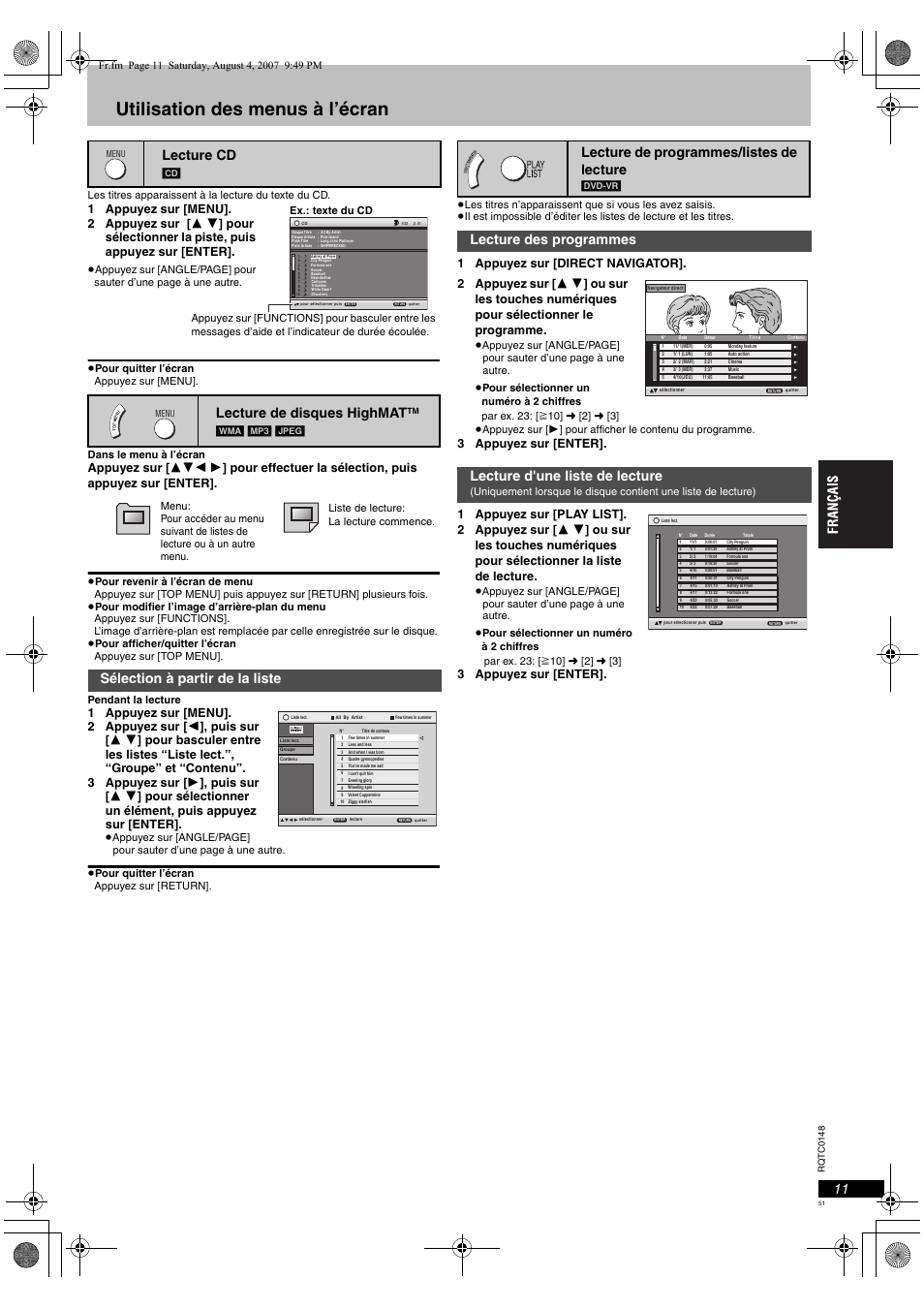 Utilisation des menus à l’écran, Lecture cd, Lecture de disques highmat | Sélection à partir de la liste, Lecture de programmes/listes de lecture, 3 appuyez sur [enter, Jpeg, Ex.: texte du cd, Dvd-vr | Panasonic DVDS100 User Manual | Page 51 / 128