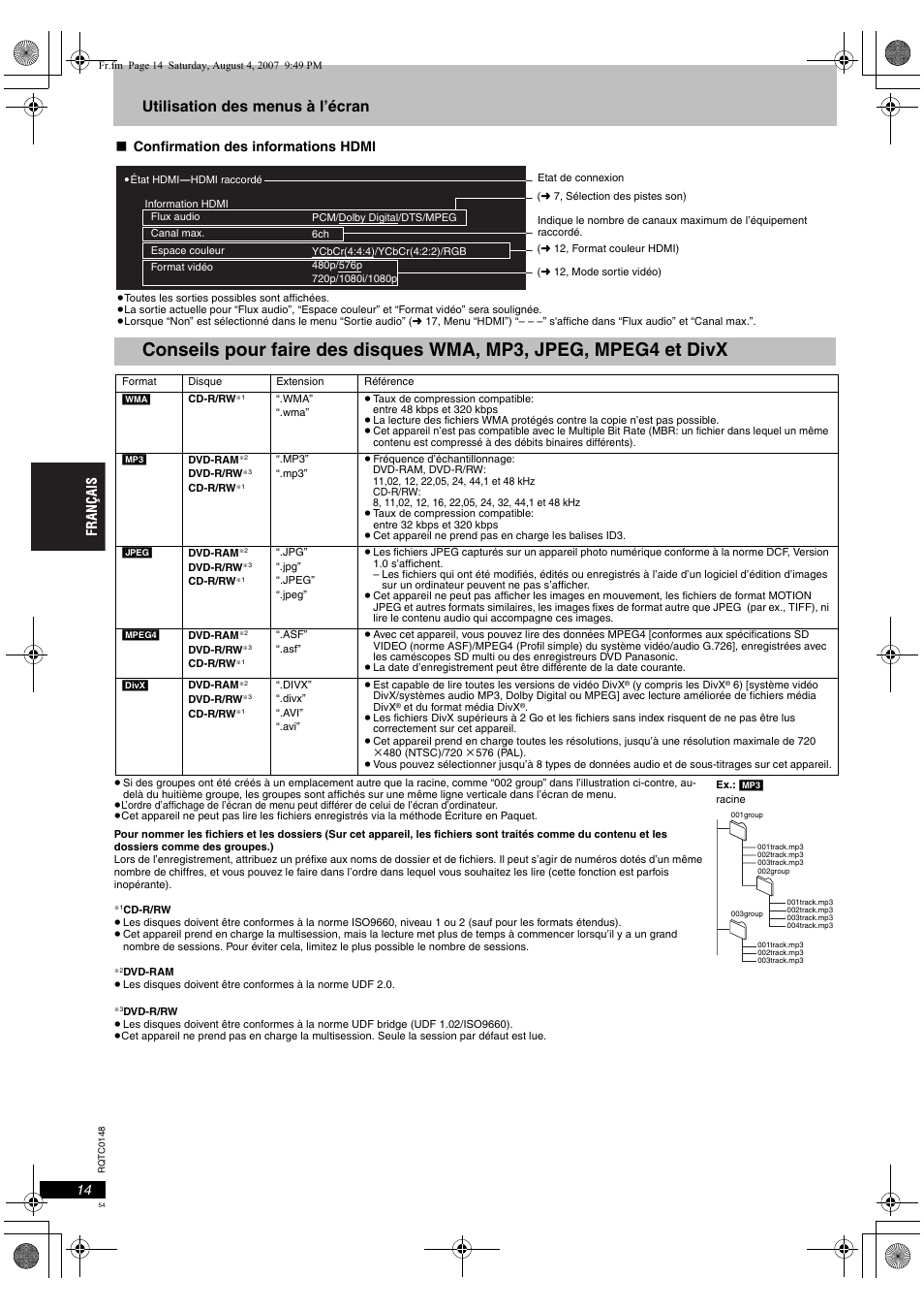 Utilisation des menus à l’écran, Confirmation des informations hdmi | Panasonic DVDS100 User Manual | Page 54 / 128