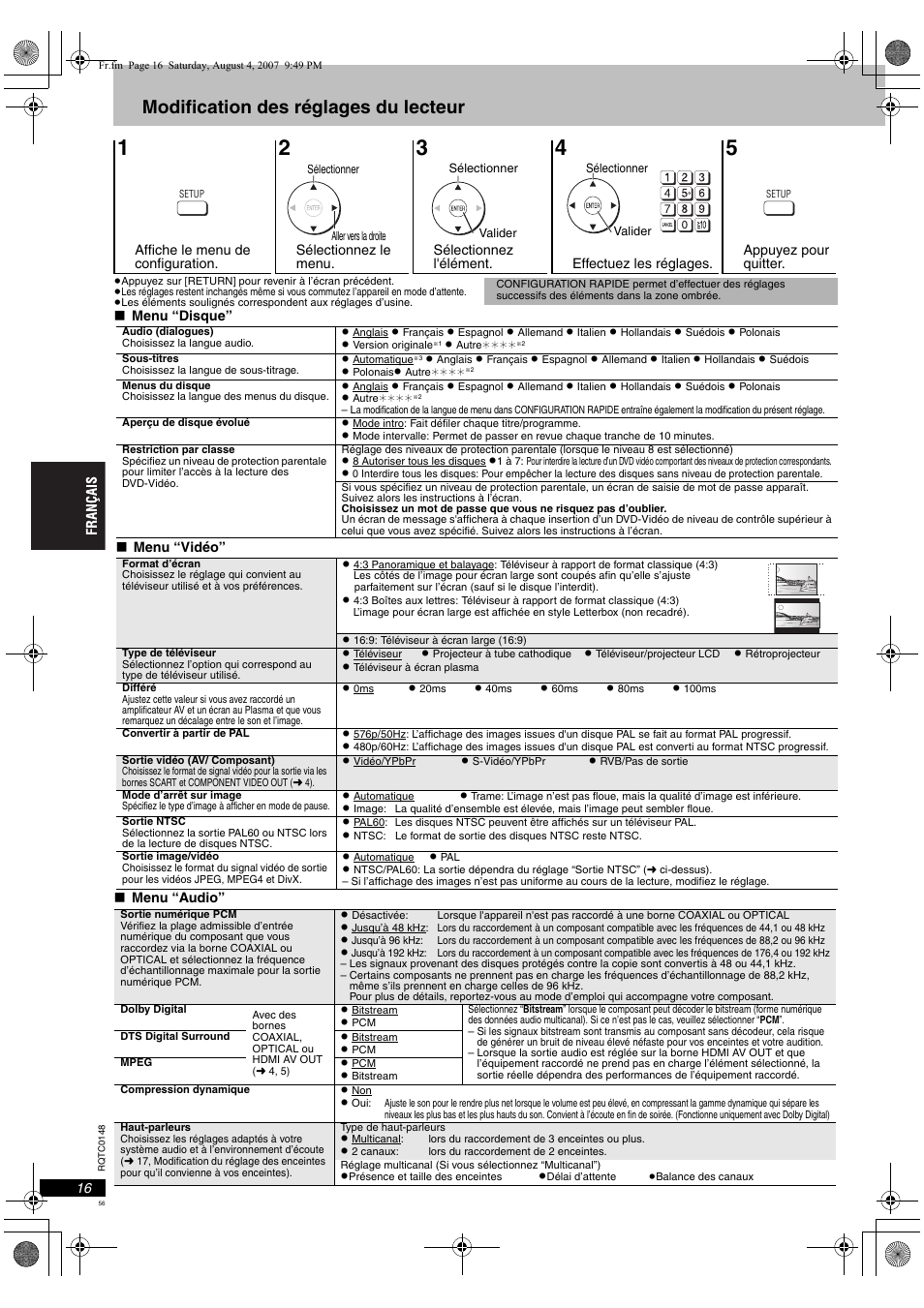 Modification des réglages du lecteur | Panasonic DVDS100 User Manual | Page 56 / 128