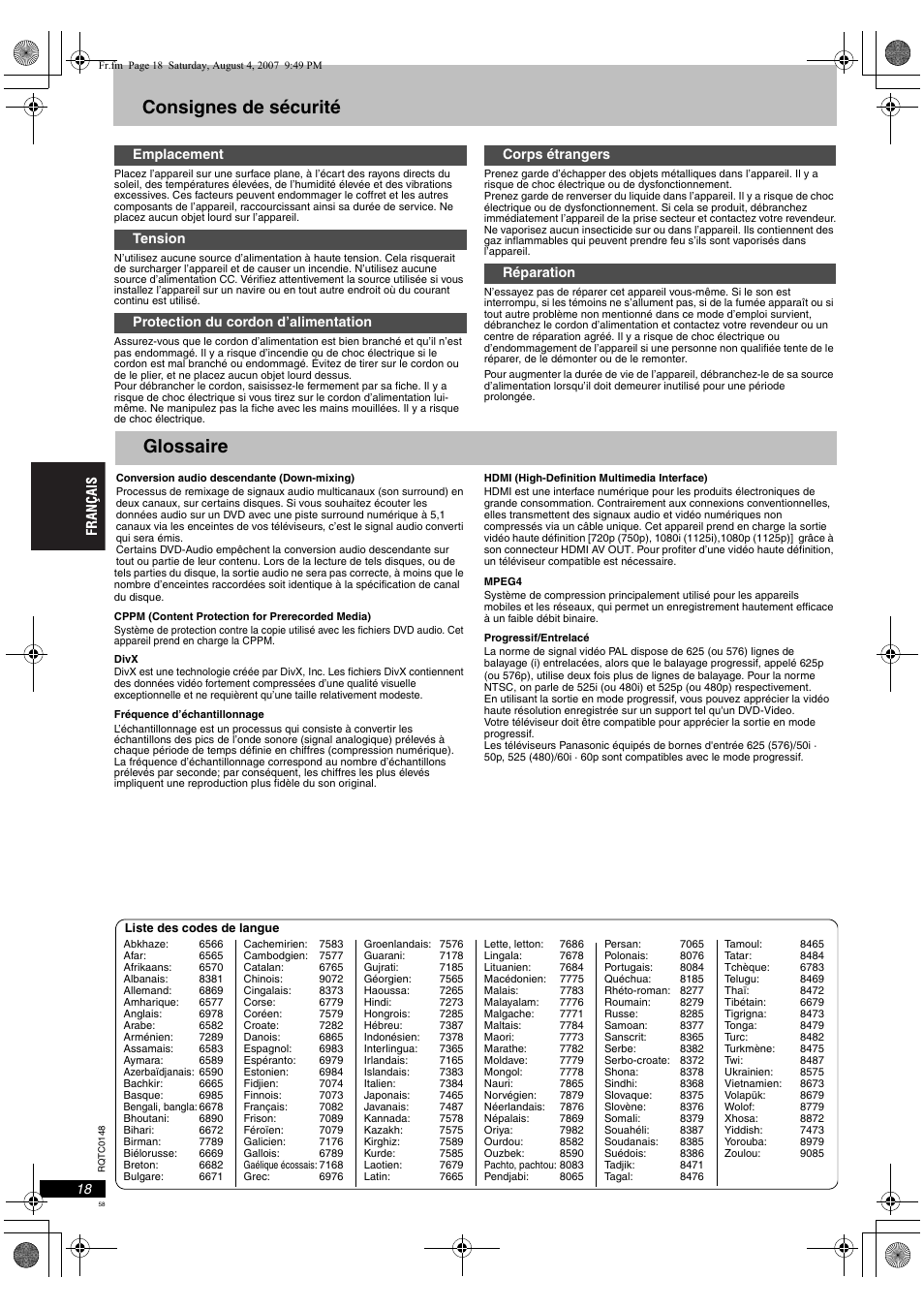Consignes de sécurité, Glossaire | Panasonic DVDS100 User Manual | Page 58 / 128