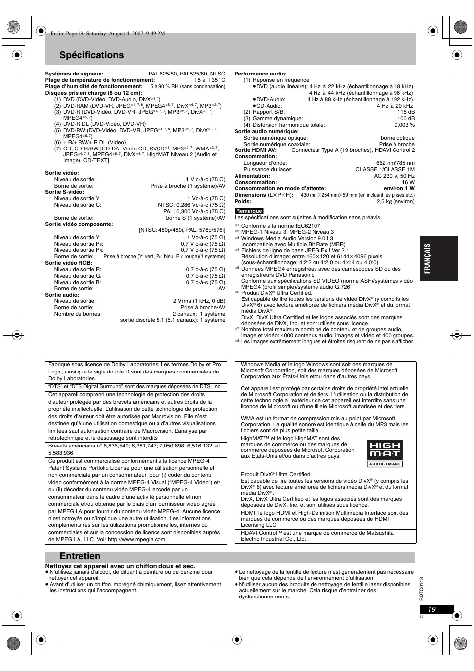 Spécifications, Entretien | Panasonic DVDS100 User Manual | Page 59 / 128