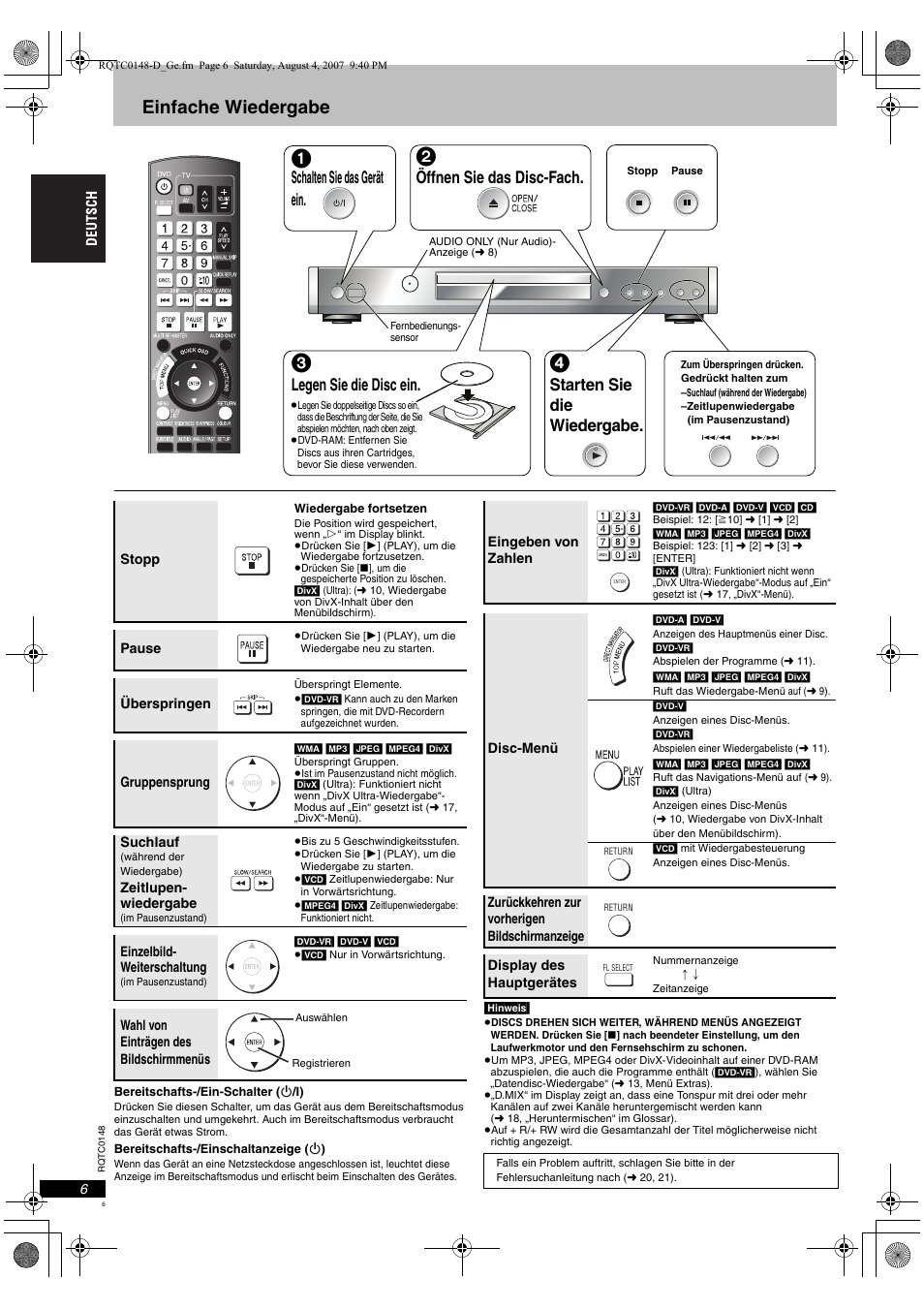 Einfache wiedergabe, Schalten sie das gerät ein, Öffnen sie das disc-fach | Legen sie die disc ein, Starten sie die wiedergabe | Panasonic DVDS100 User Manual | Page 6 / 128