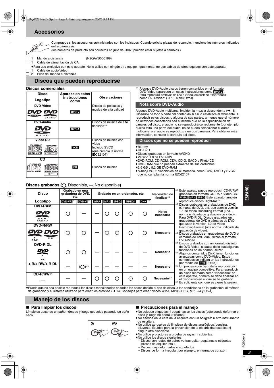 Accesorios, Discos que pueden reproducirse, Manejo de los discos | Panasonic DVDS100 User Manual | Page 63 / 128