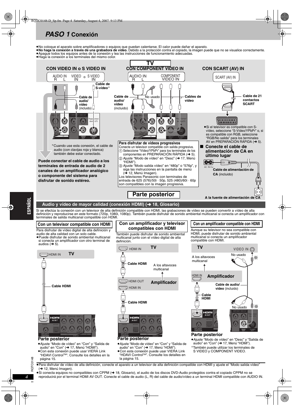 Paso 1, Conexión, Parte posterior | Tv parte posterior, Amplificador, Amplificador parte posterior, Con un televisor compatible con hdmi, Para disfrutar de vídeos progresivos | Panasonic DVDS100 User Manual | Page 64 / 128