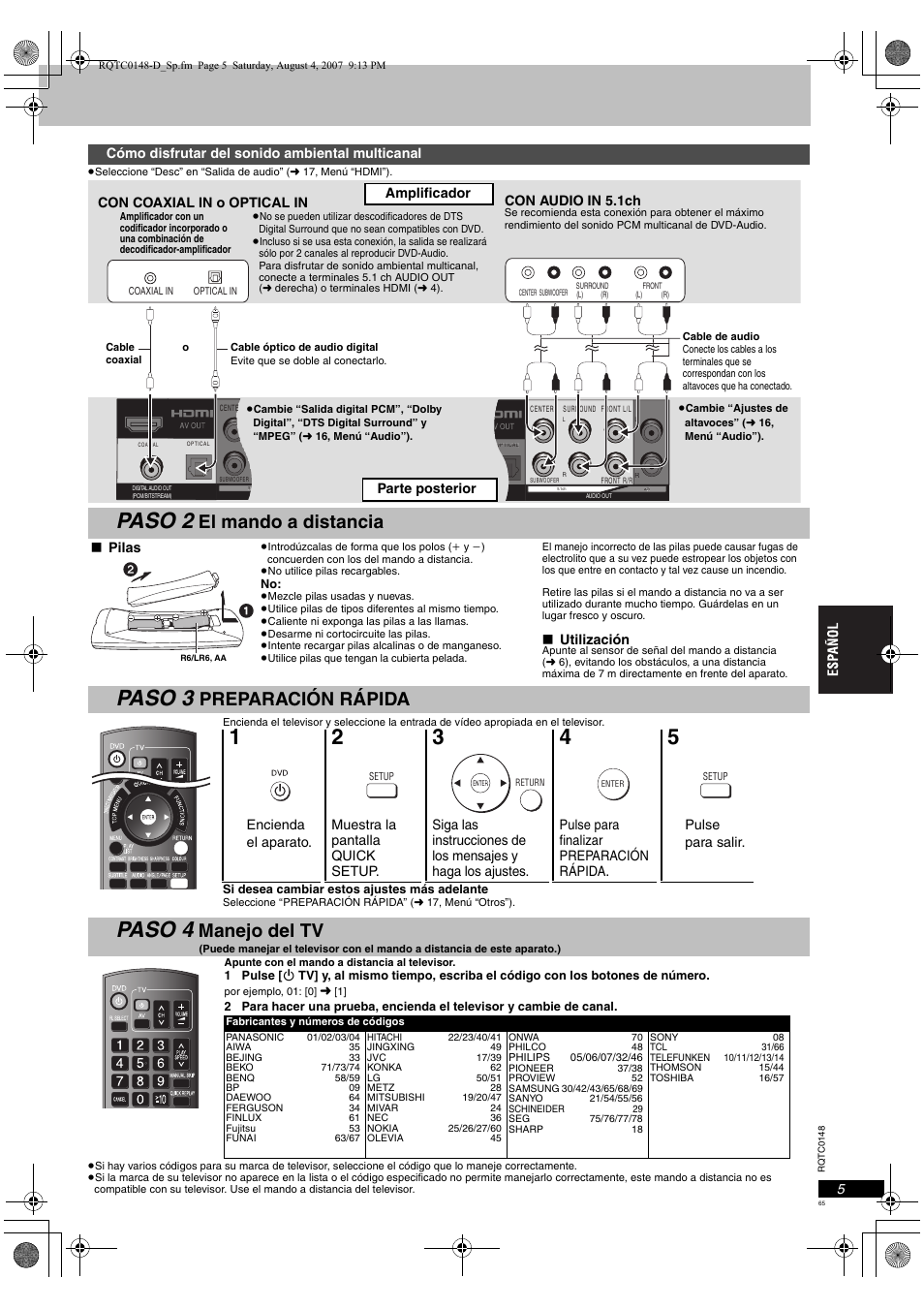 Paso 2, Paso 3, Paso 4 | El mando a distancia, Preparación rápida, Manejo del tv | Panasonic DVDS100 User Manual | Page 65 / 128