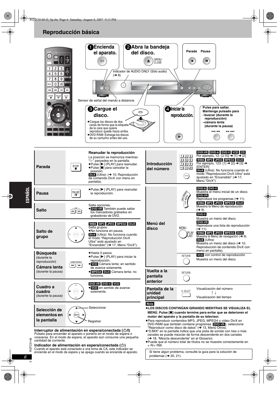 Reproducción básica, Encienda el aparato, Abra la bandeja del disco | Cargue el disco, Iniciar la reproducción | Panasonic DVDS100 User Manual | Page 66 / 128