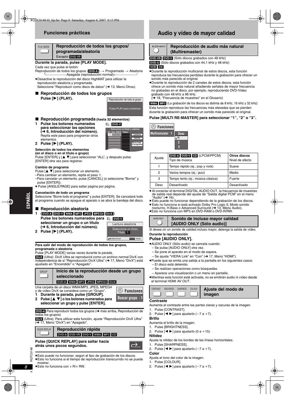 Audio y vídeo de mayor calidad, Funciones prácticas | Panasonic DVDS100 User Manual | Page 68 / 128