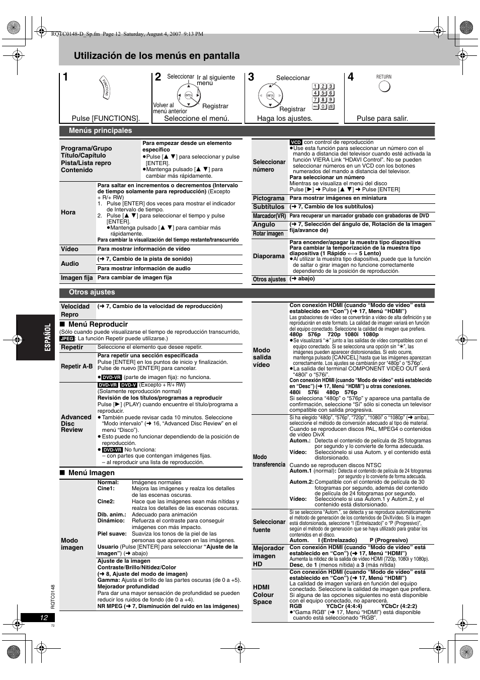 Utilización de los menús en pantalla | Panasonic DVDS100 User Manual | Page 72 / 128